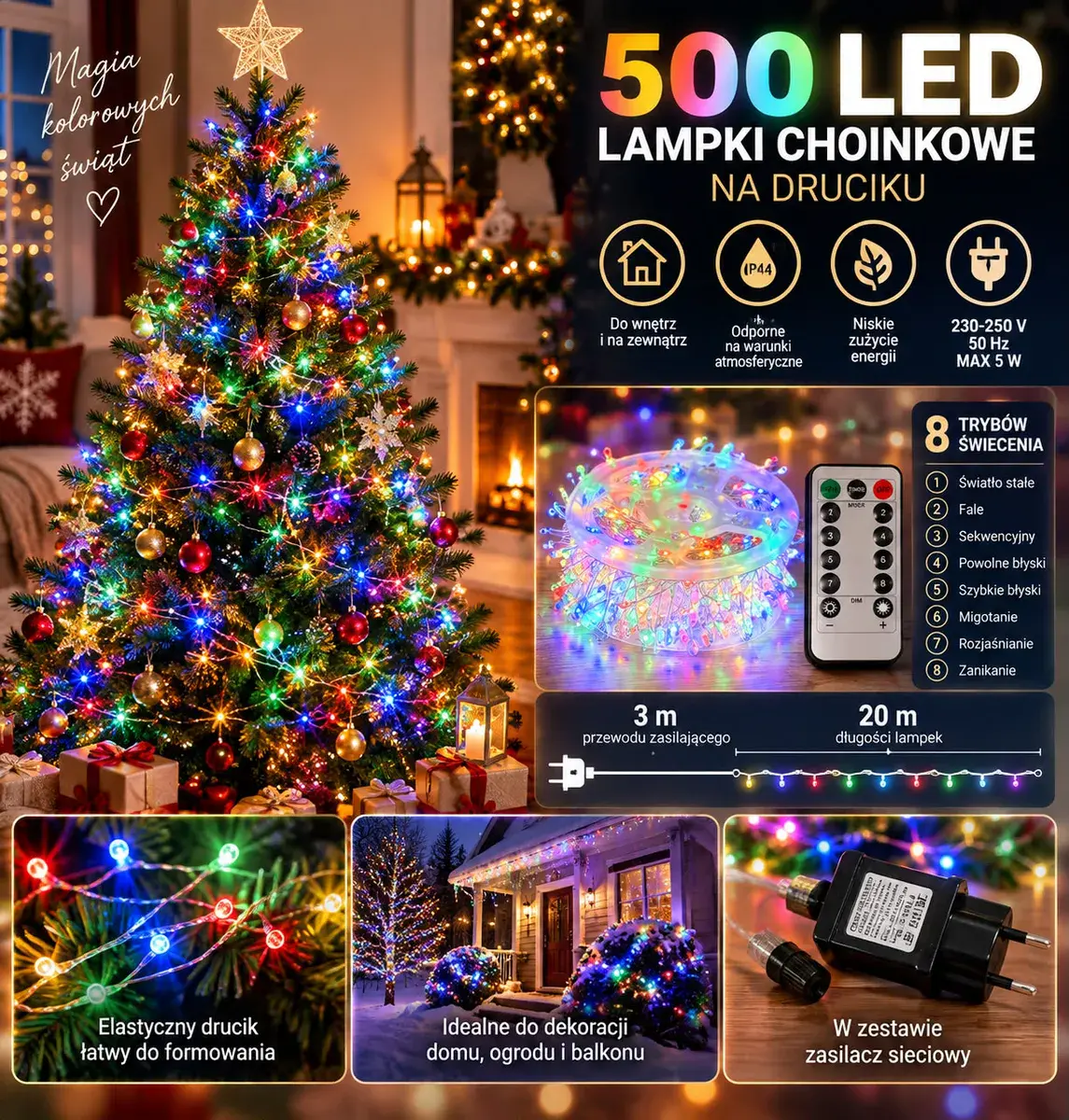 Lampki choinkowe 500 LED multikolor na druciku 20 m z pilotem