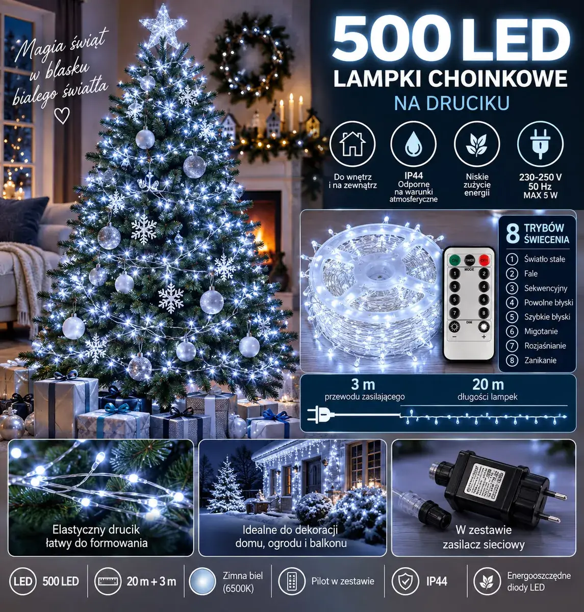 Lampki choinkowe 500 LED na druciku zimna biel 20 m + 3 m z pilotem