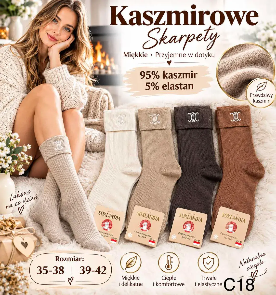 Skarpety Kaszmirowe Soxlandia beżowe i brązowe 35-42