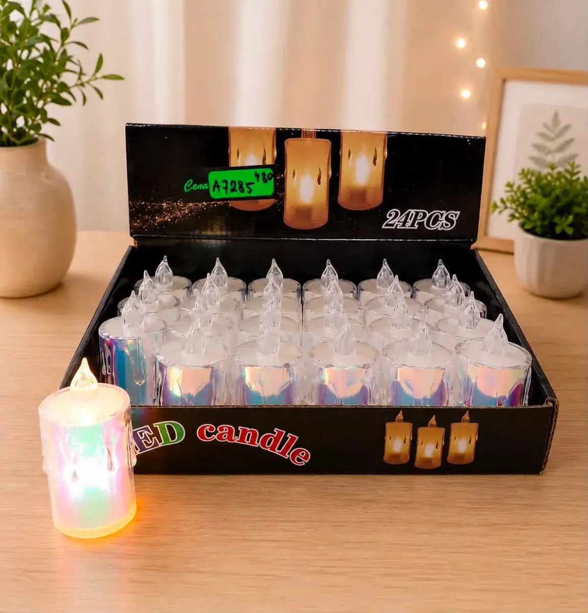 Zestaw 24 świeczek LED Tealight z baterią, efekt płomienia, kolor przezroczysty z holograficznym połyskiem