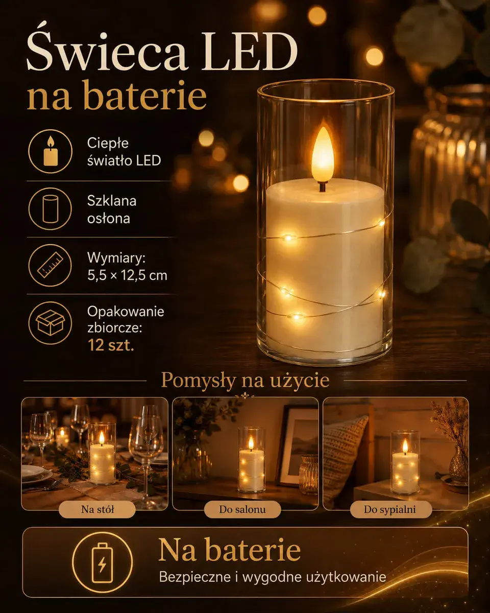 Świeca LED na baterie ze szklaną osłoną 12,5 × 5,5 cm biała