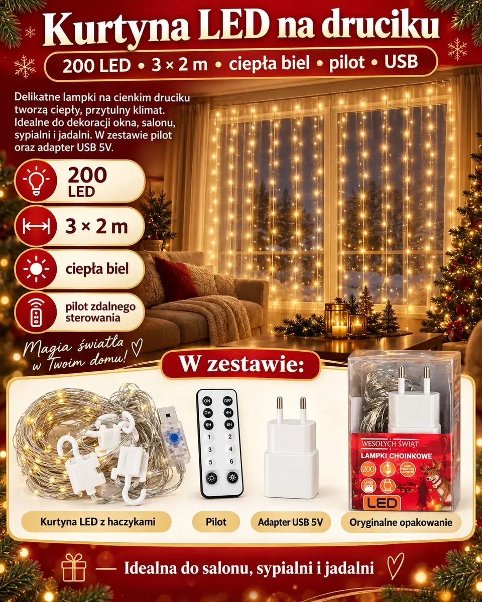 Kurtyna LED na druciku 200 LED 3x2 m ciepła biel z pilotem USB