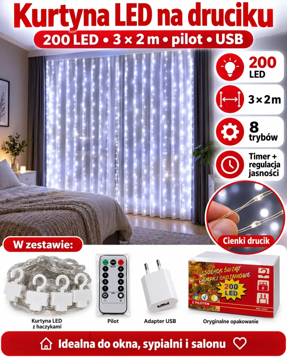 Kurtyna świetlna LED 200 LED 3x2 m z pilotem i USB biała zimna