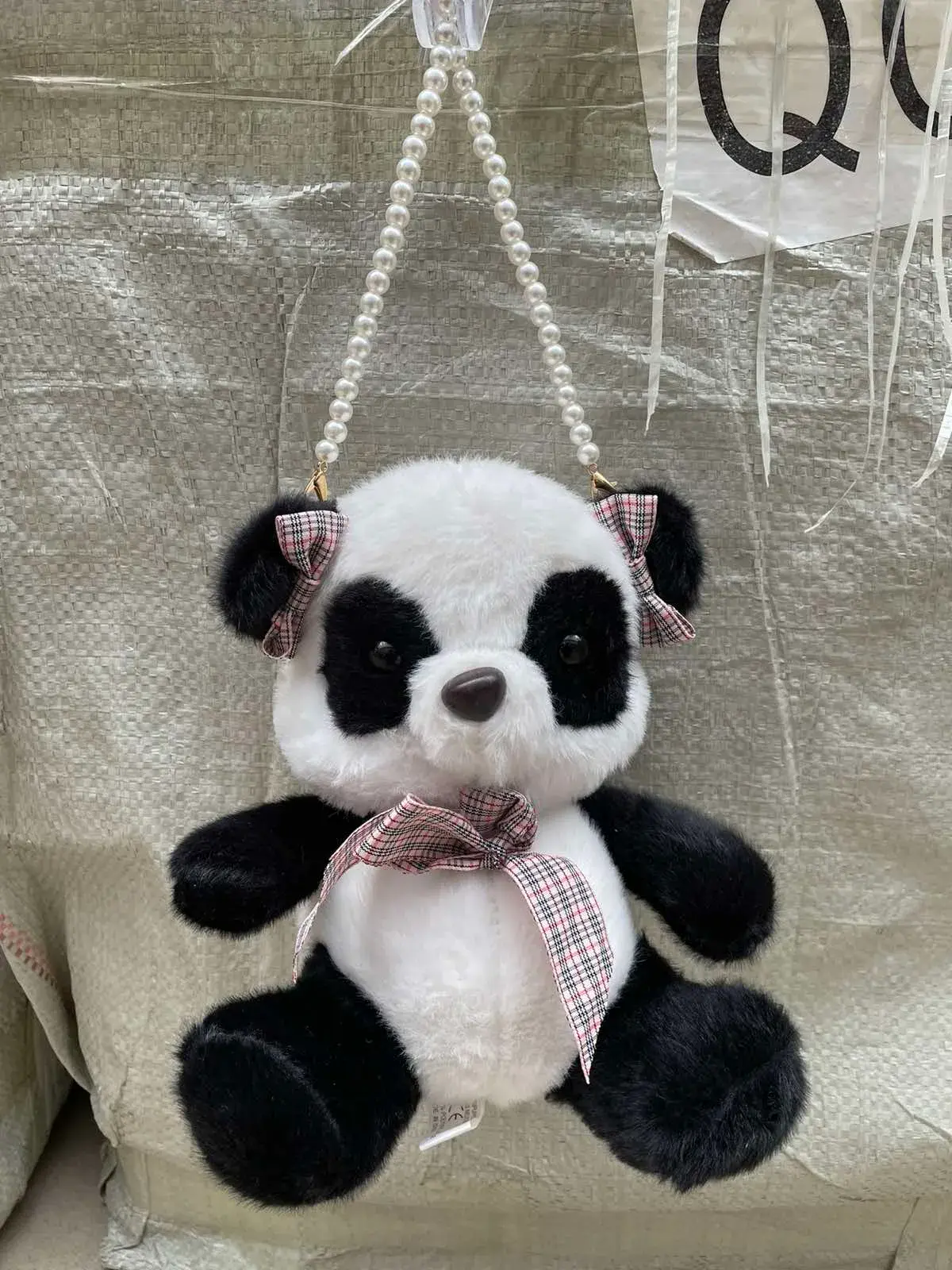 Torebka pluszowa panda dla dzieci z perłowym paskiem