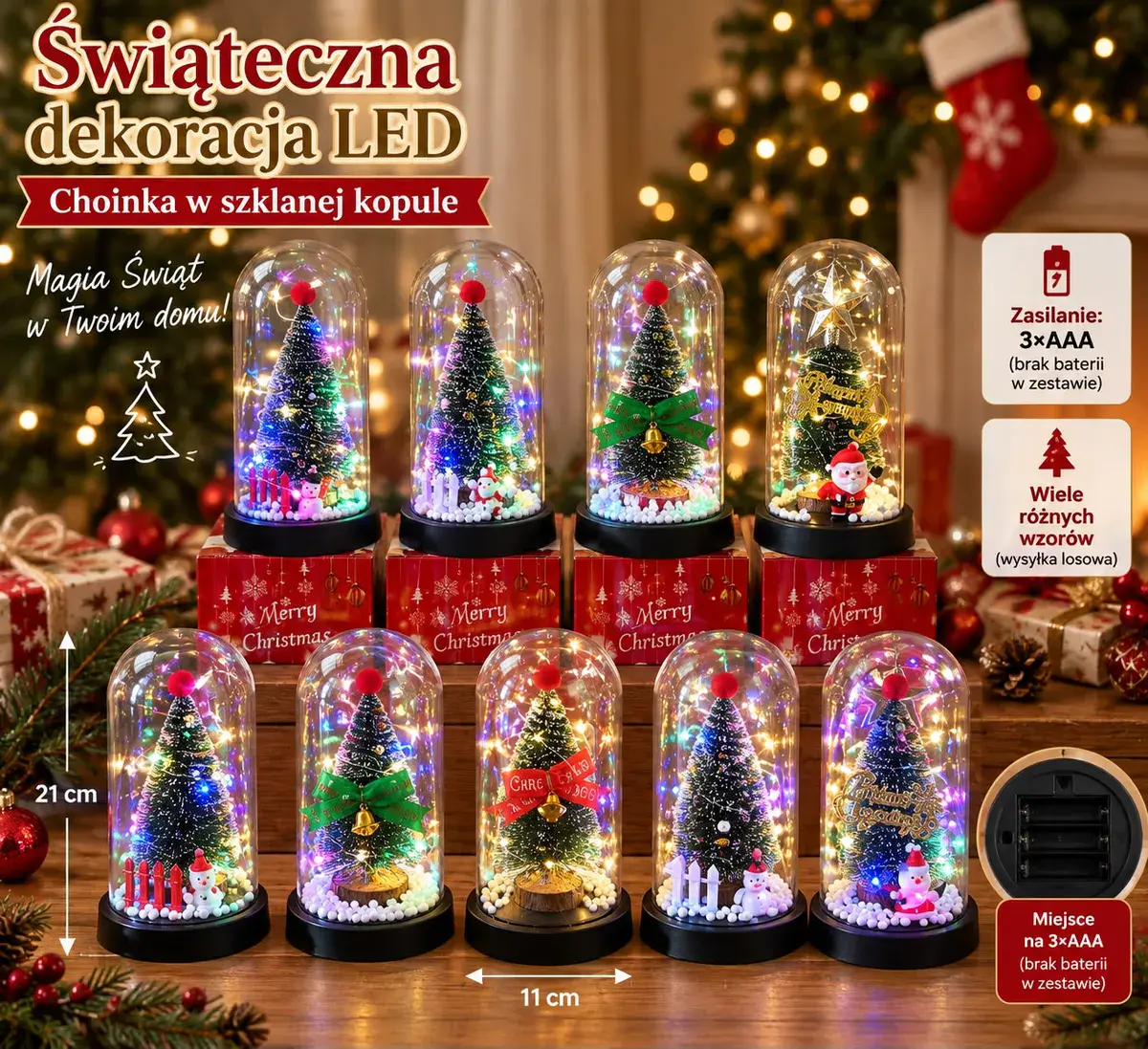 Świąteczna choinka LED w szklanej kopule 21x11 cm dekoracja