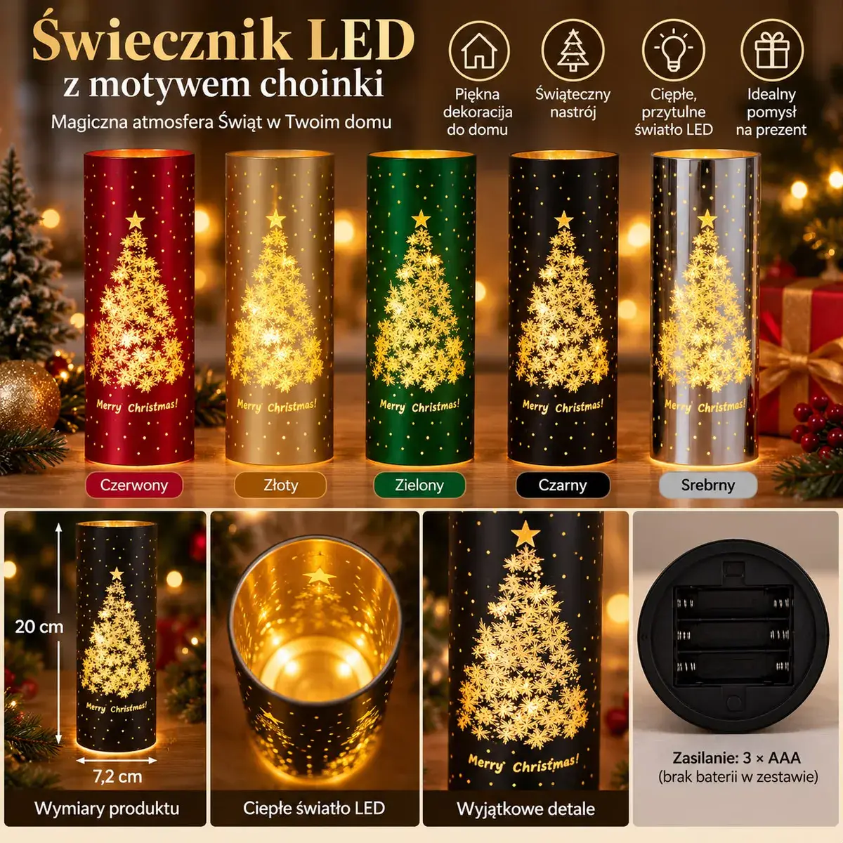 Świecznik LED z motywem choinki 20 cm, 5 kolorów losowy