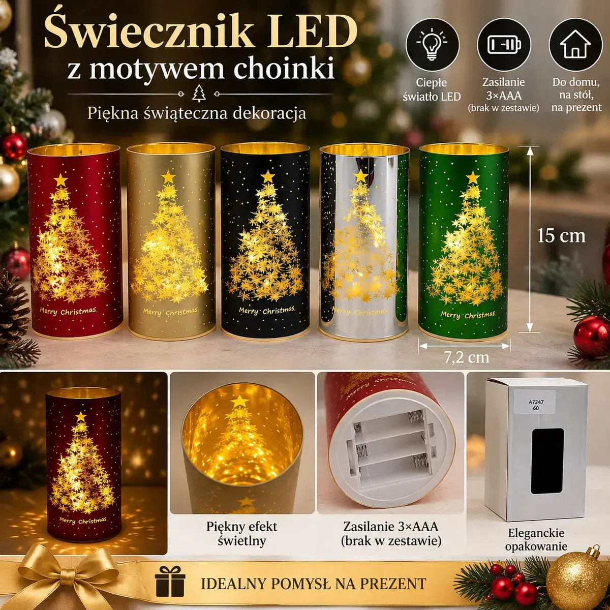 Lampion LED z motywem choinki 15 cm, 5 kolorów losowych