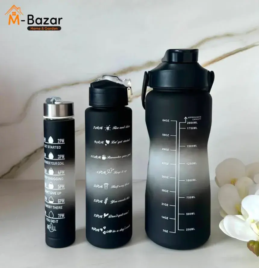 Butelka bidon na wodę 3w1 czarno-szara z miarką 2000 ml