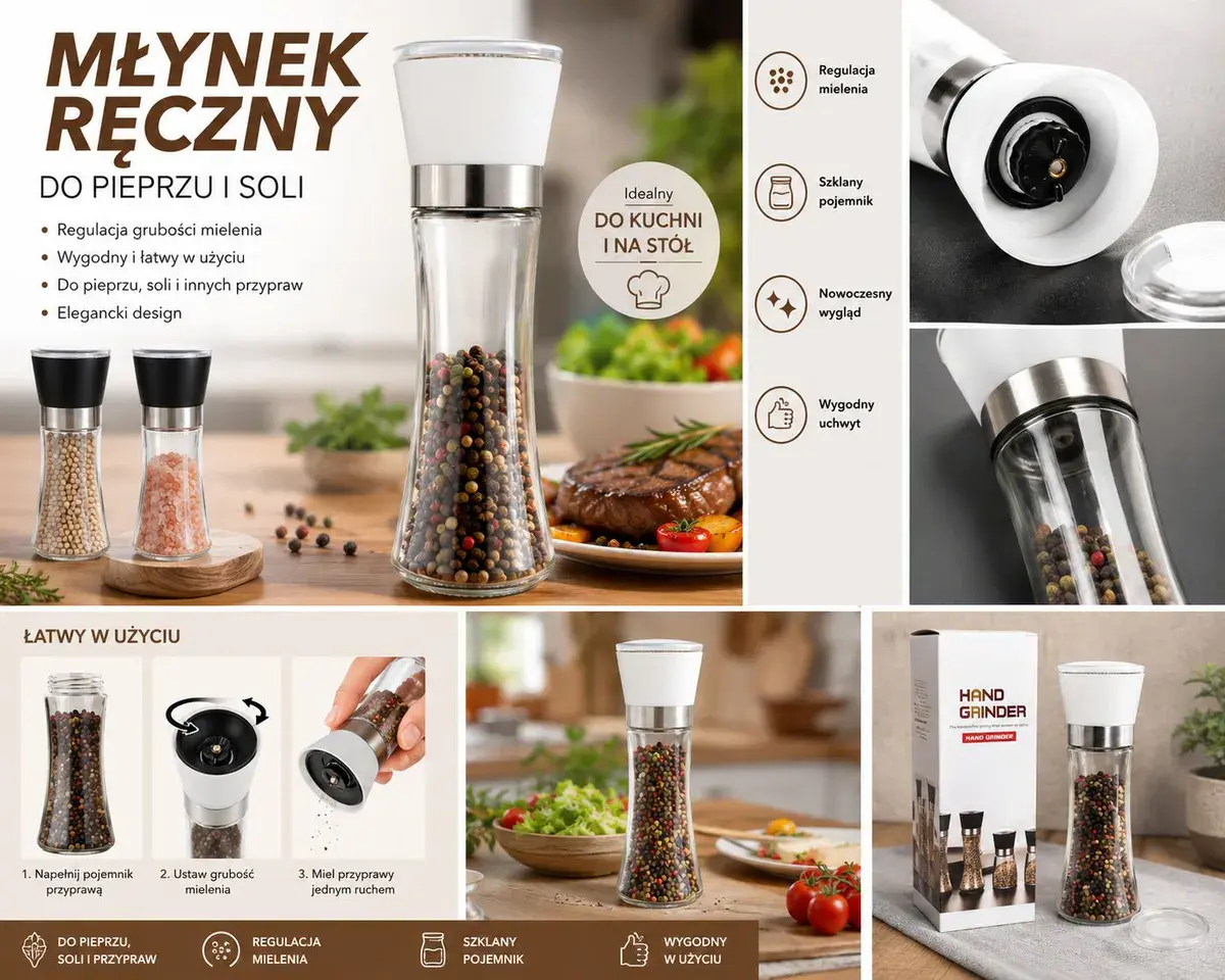 Młynek ręczny do pieprzu i soli szklany pojemnik regulacja mielenia