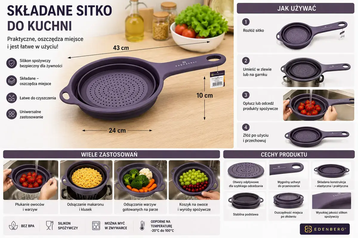 Składane sitko kuchenne silikonowe granatowe 43 cm z rączką