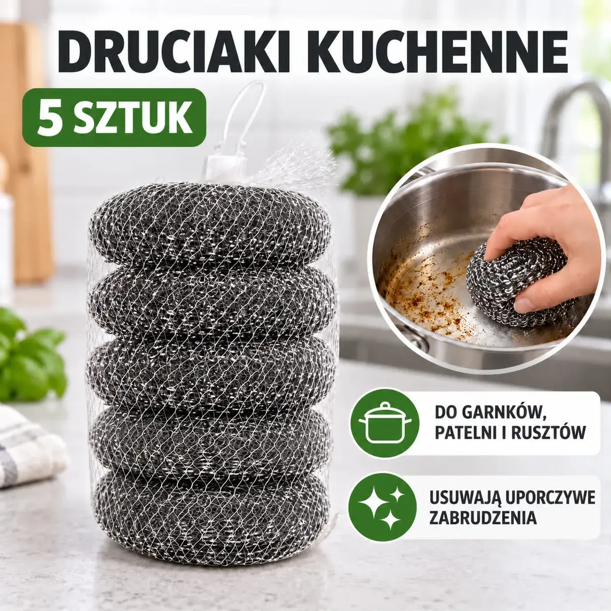 Druciaki kuchenne metalowe czarne 5 sztuk do garnków i patelni