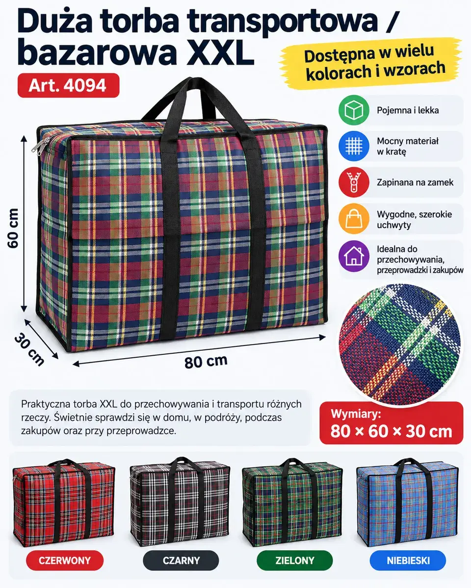 Duża torba transportowa bazarowa XXL 80x60x30 cm w kratę