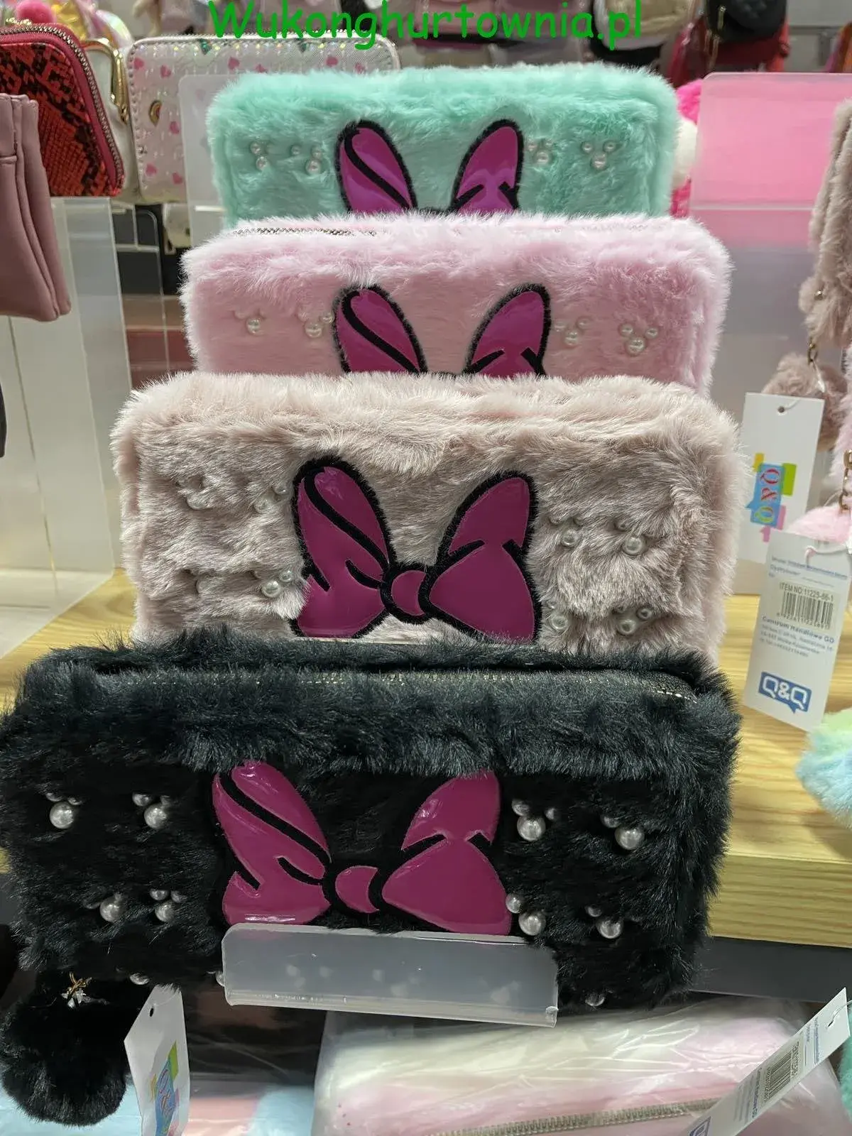 Mini Portfel Pluszowy z Kokardą Perły Kreskówkowe Różne Kolory