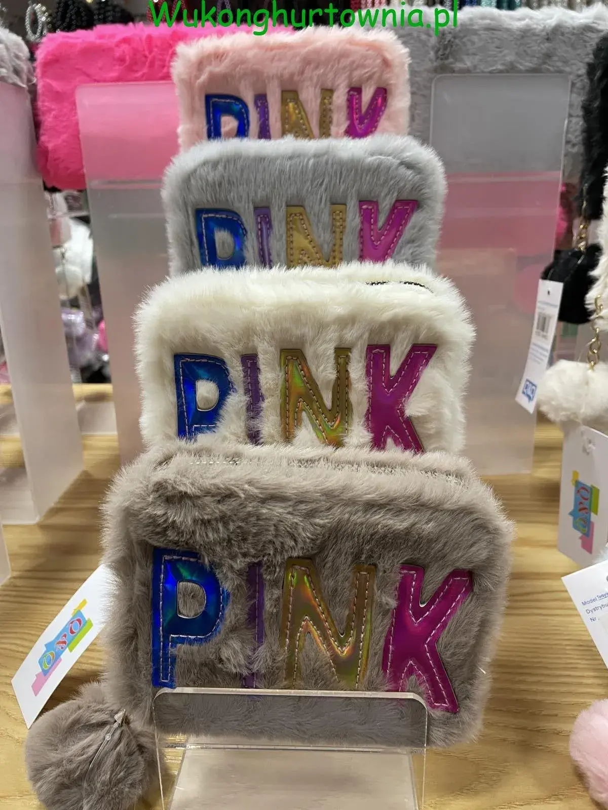 Mini Futrzany Portfel z Napisem PINK dla Dzieci Różowy