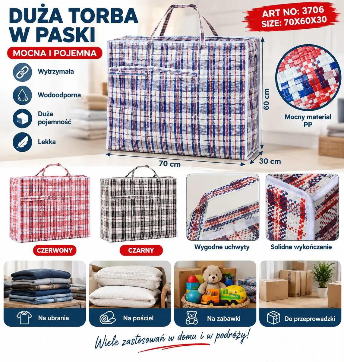 Duża torba transportowa w paski 70x60x30 cm mocna i pojemna