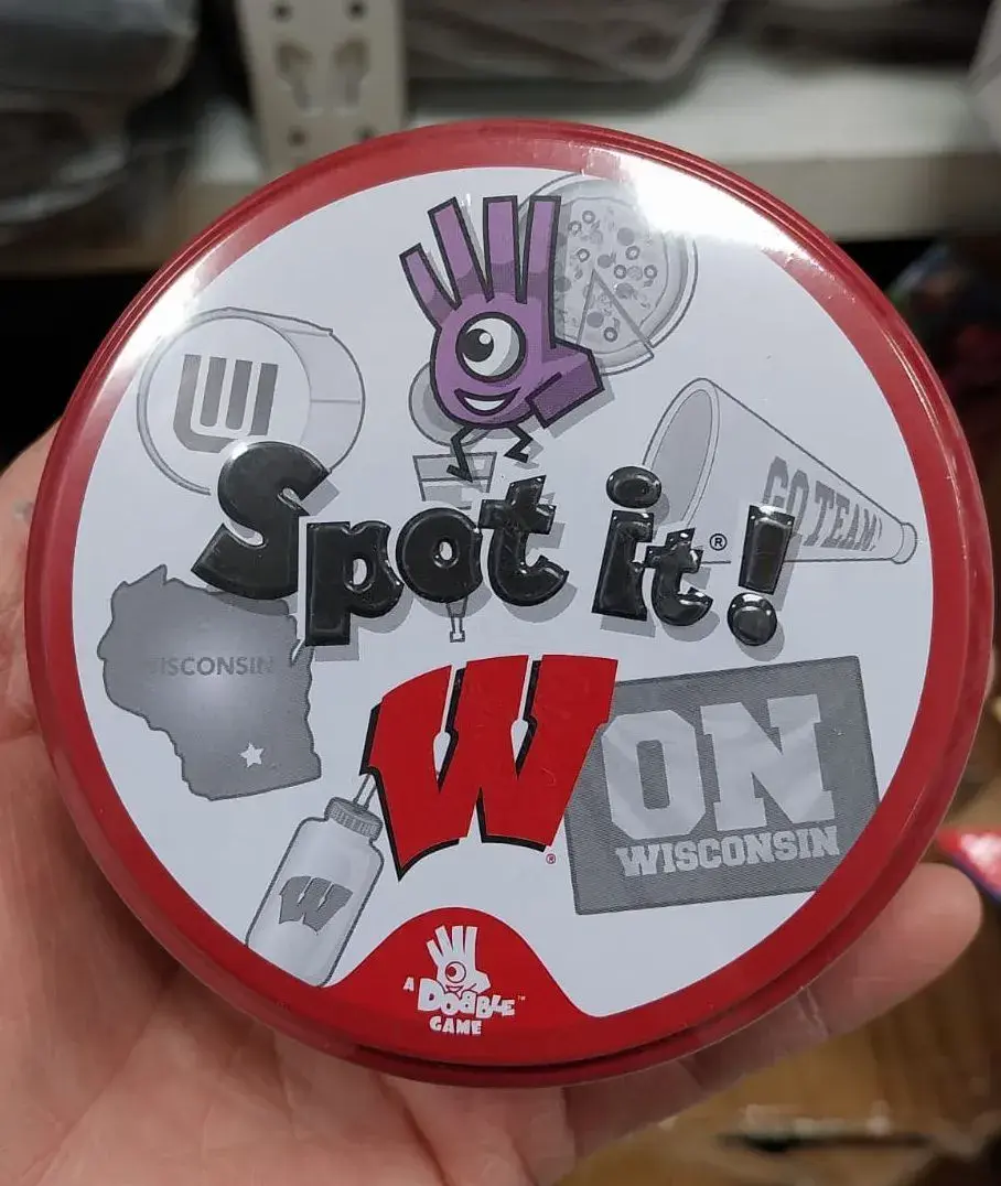 Zabawki Karty Spot It Dobble Game, biała puszka z czerwoną obwódką