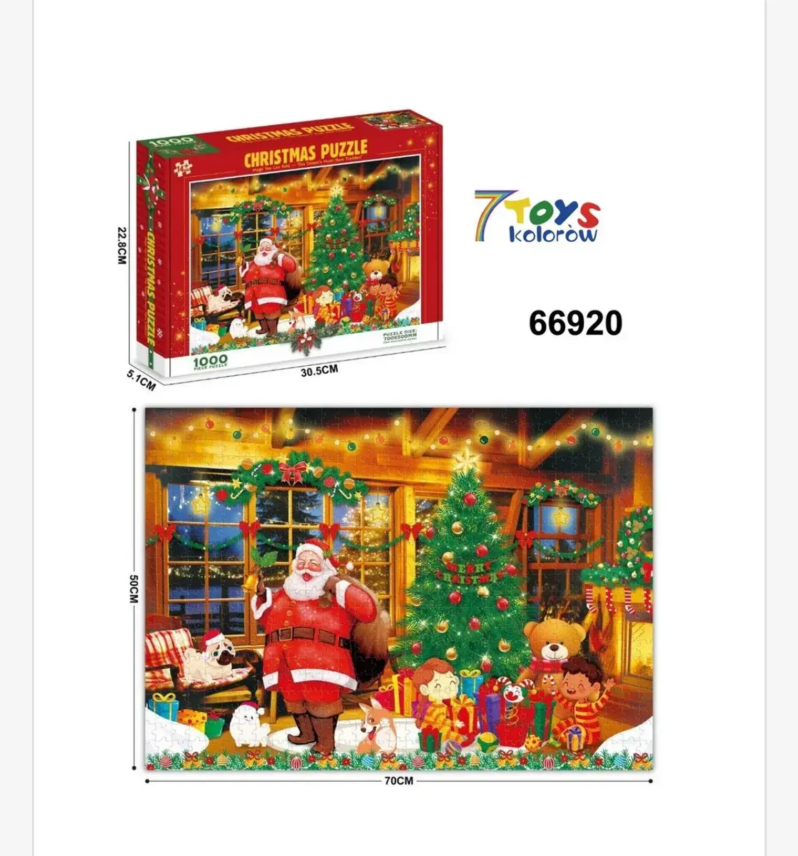 Puzzle świąteczne 1000 elementów z motywem Mikołaja i choinki, w wielu kolorach