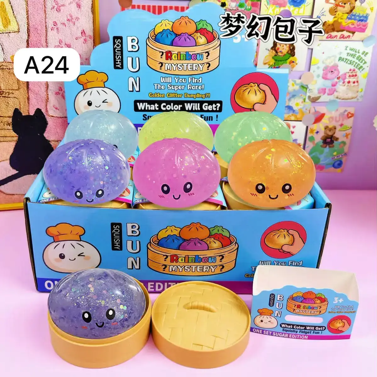 Squishy Bun zabawka antystresowa kolorowa z brokatem