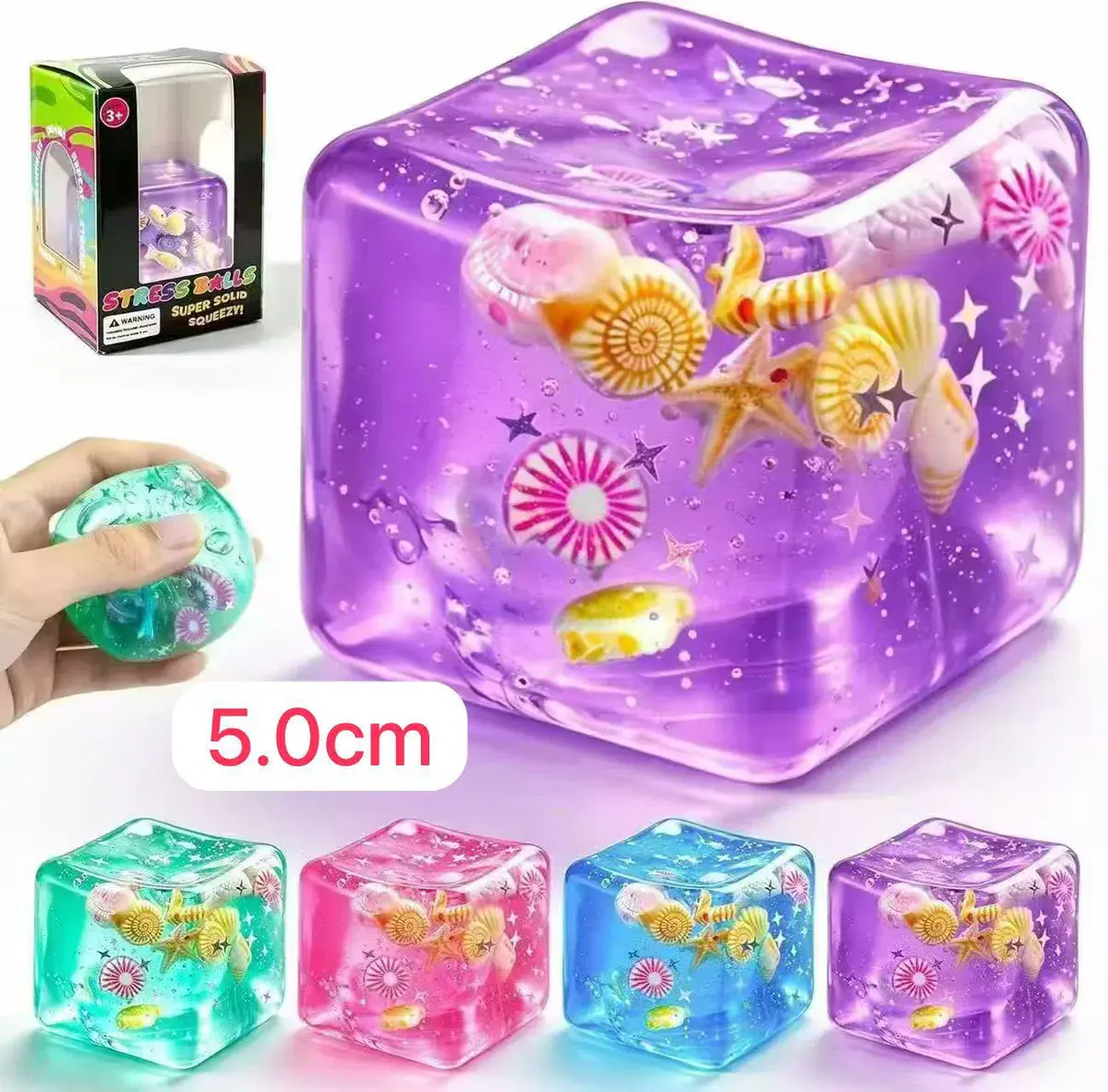 Zabawka squeeze cube z muszelkami 5 cm kolorowa antystresowa