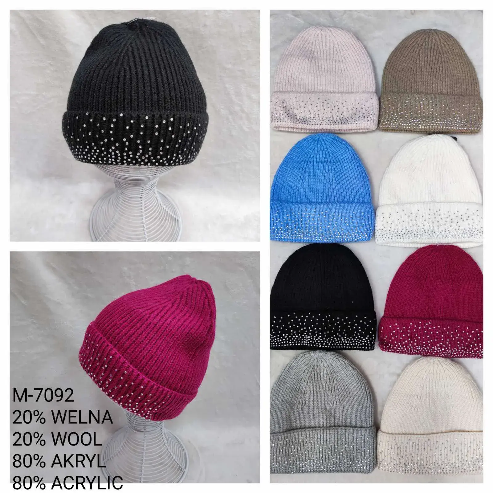 Czapki damskie beanie 20% wełna 80% akryl, w wielu kolorach