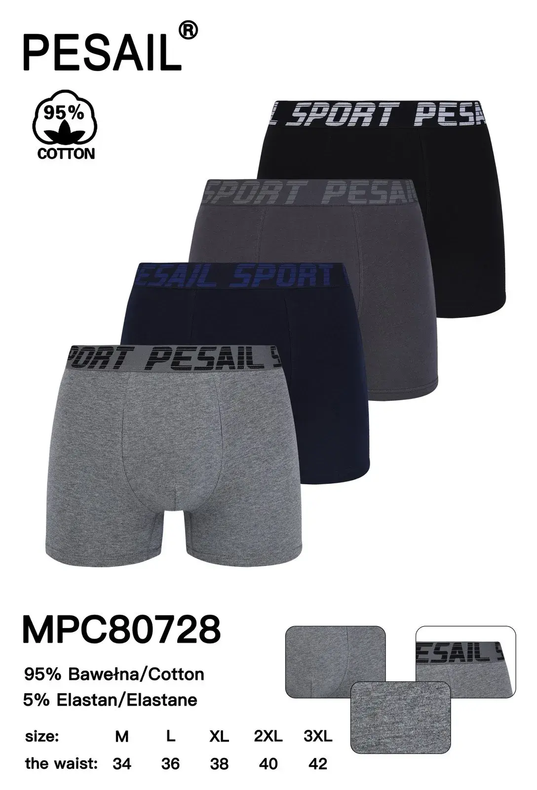 Bokserki męskie Pesasail Sport 4 szt. 95% bawełna S-XXL