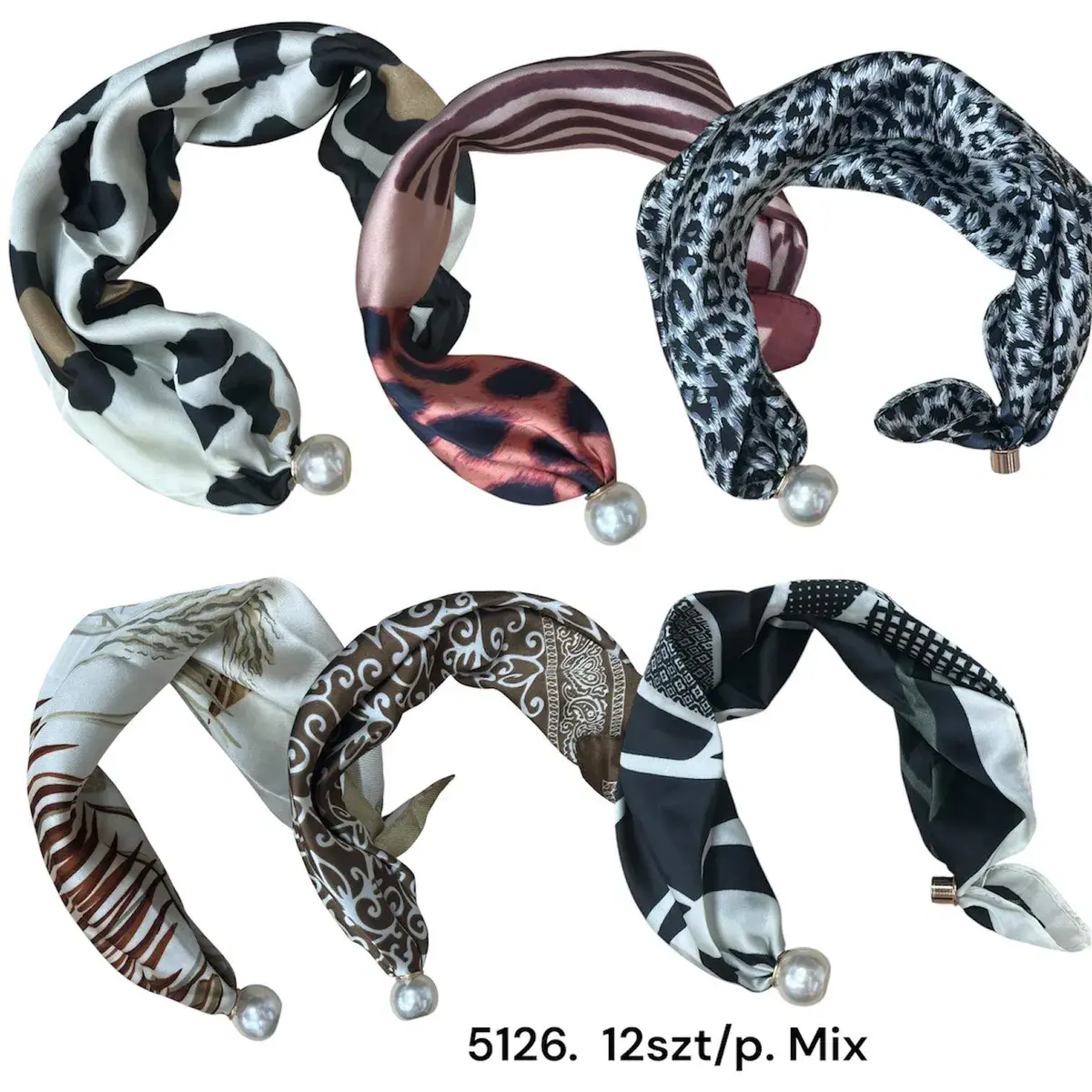 Zestaw 6 apaszek damskich z perłową ozdobą mix wzorów