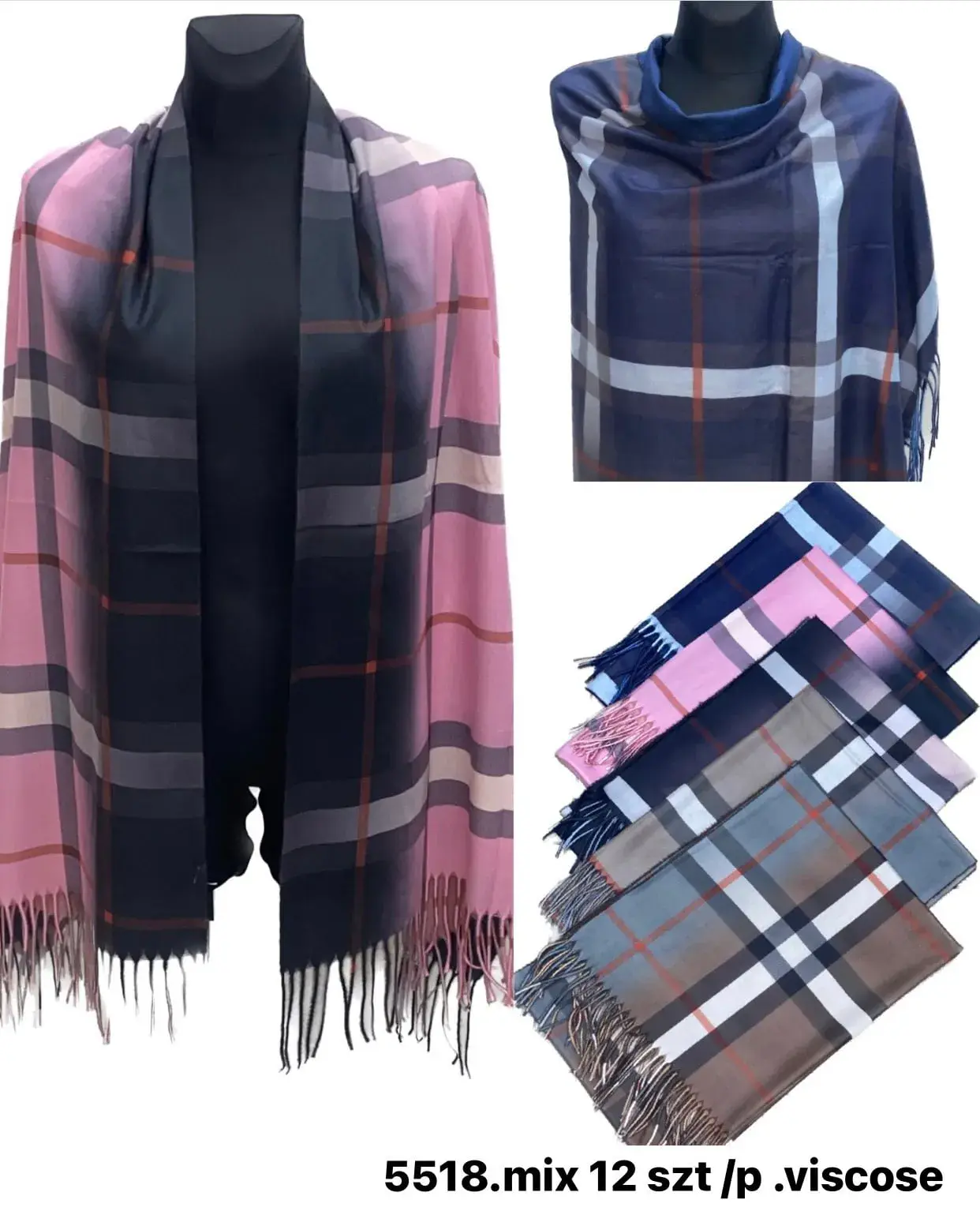 Szaliki damskie w kratę viscose mix 12 szt