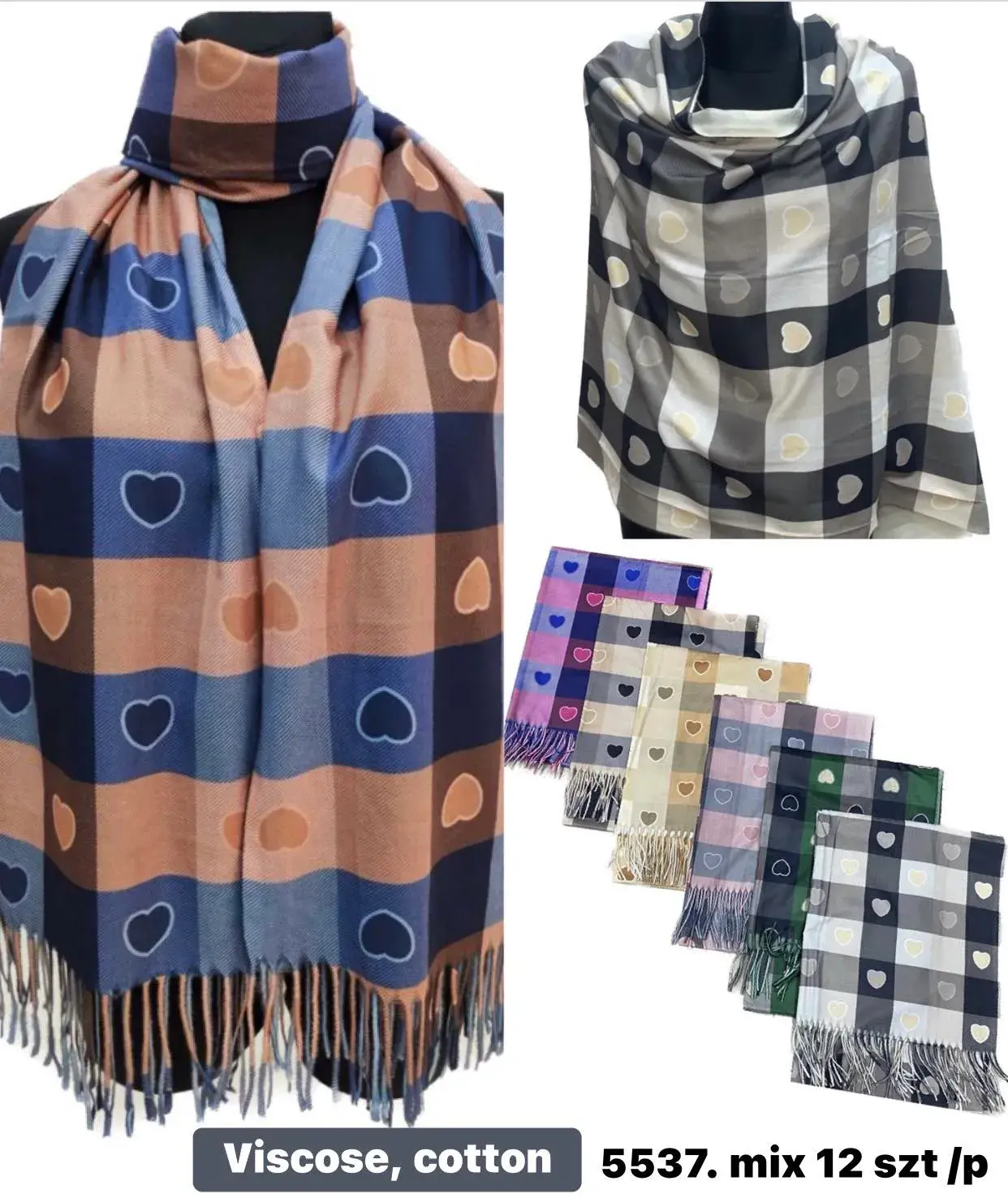 Szaliki damskie w kratę z sercami viscose cotton mix 12 szt