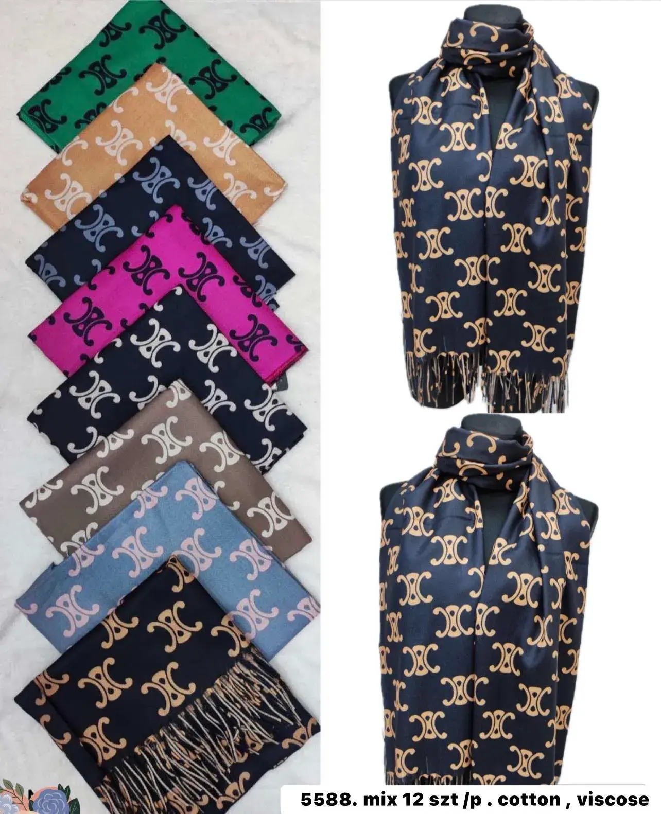 Szaliki damskie z motywem CC, mix 12 szt, viscose/cotton