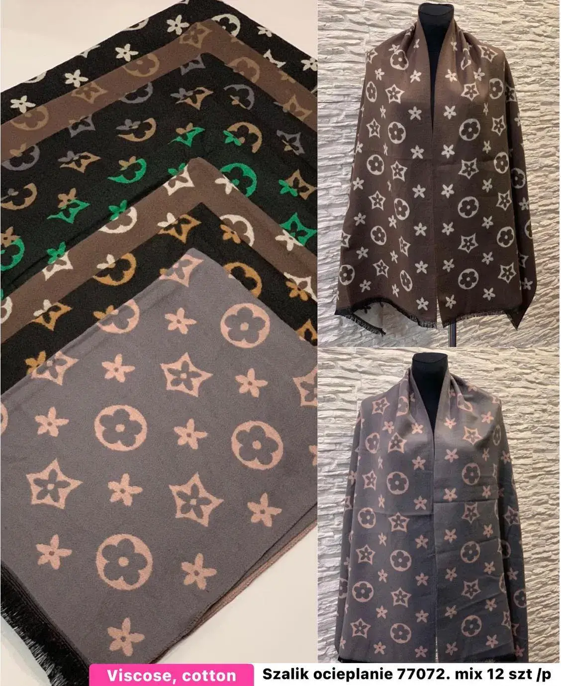 Szaliki damskie wzór monogram 12 szt mix kolorów
