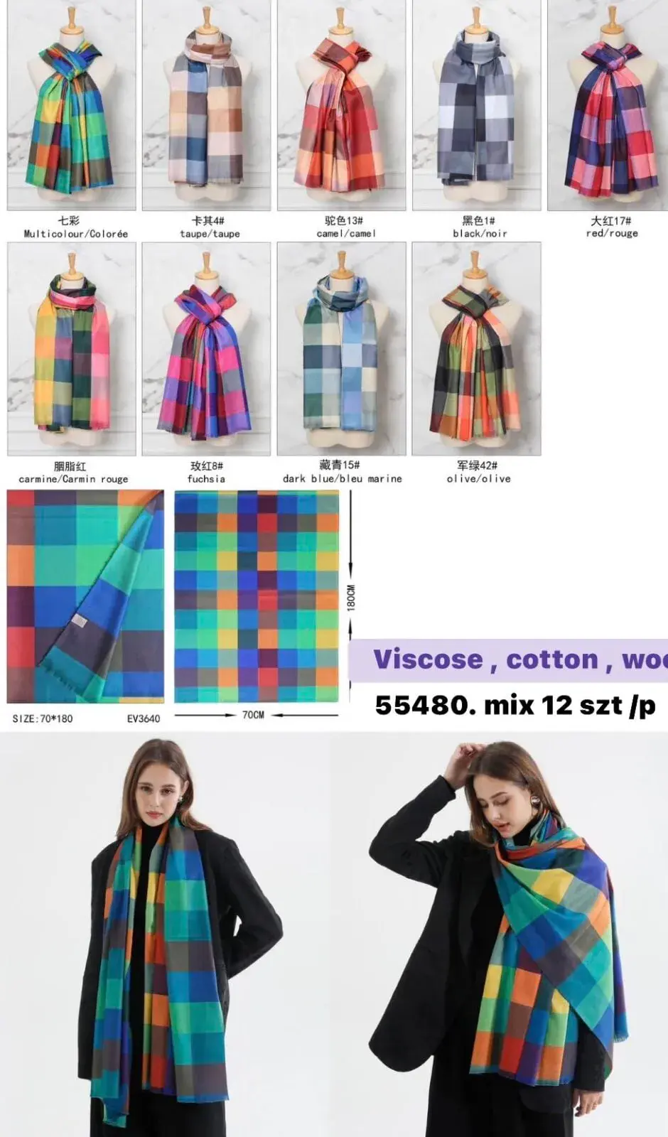 Szaliki damskie w kratę viscose cotton mix 12 szt