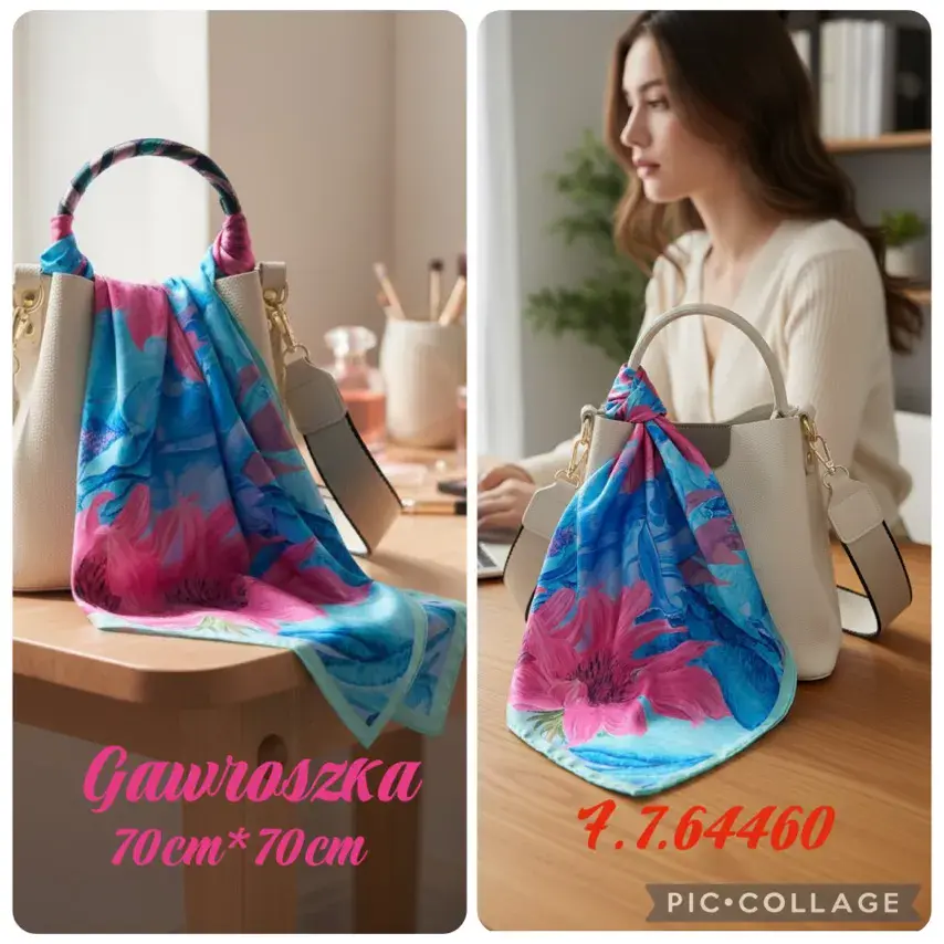 Chusta Damska Kwiatowa 70cm x 70cm, kolor różowy i błękitny z kwiatowym wzorem