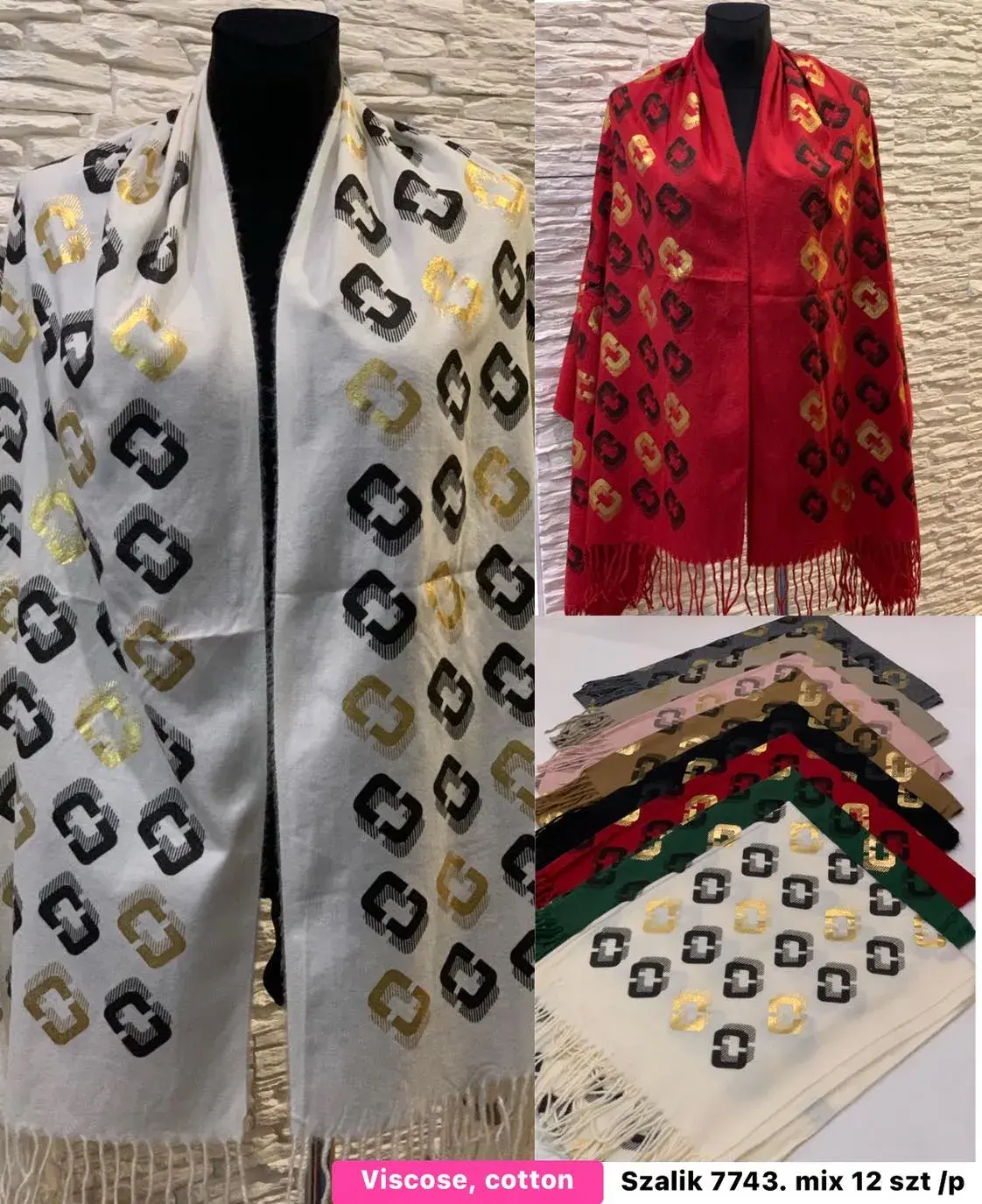 Szaliki damskie wzór geometryczny Viscose Cotton mix 12 szt