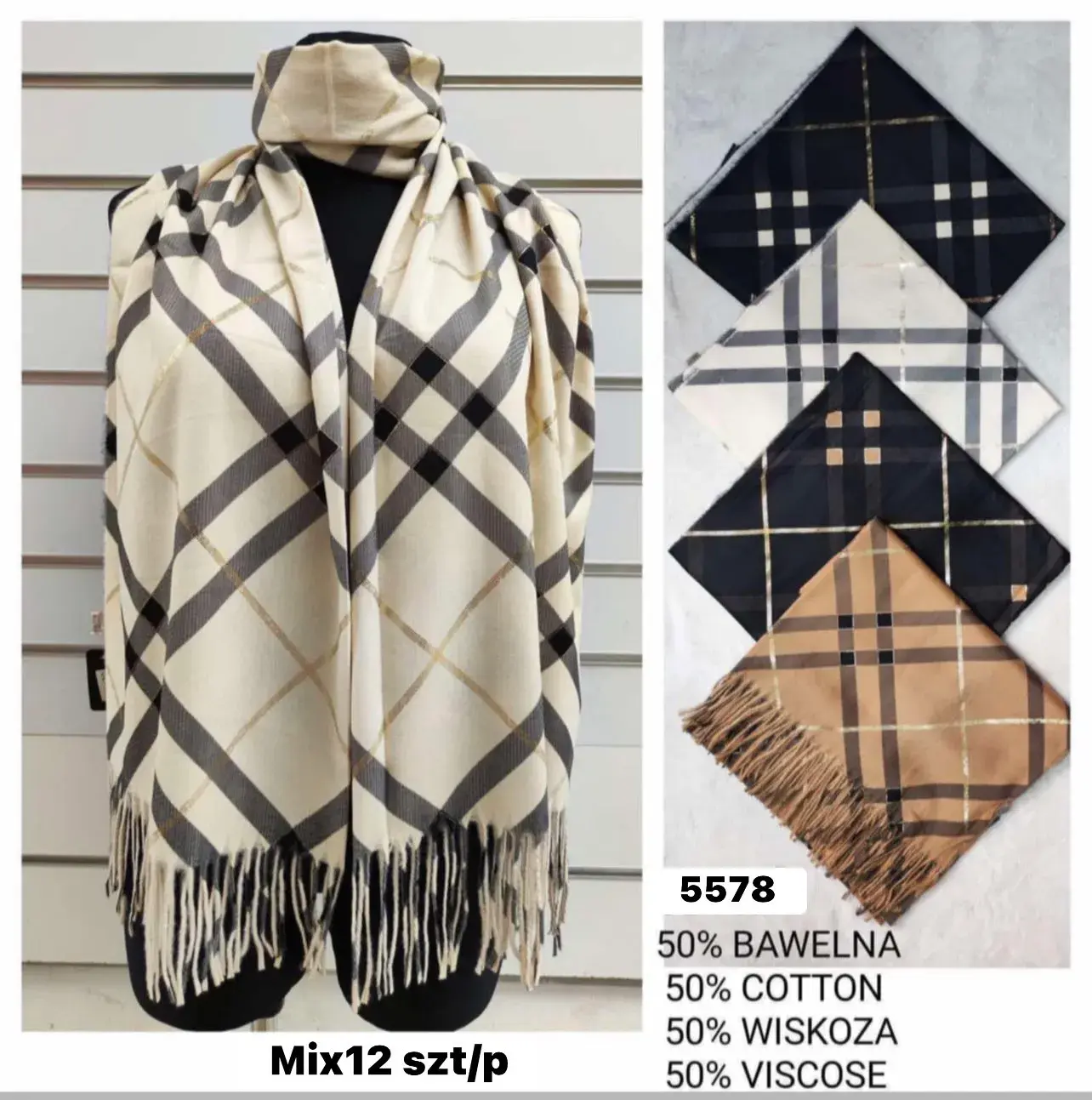 Szaliki damskie w kratę 50% bawełna 50% wiskoza Mix12 szt