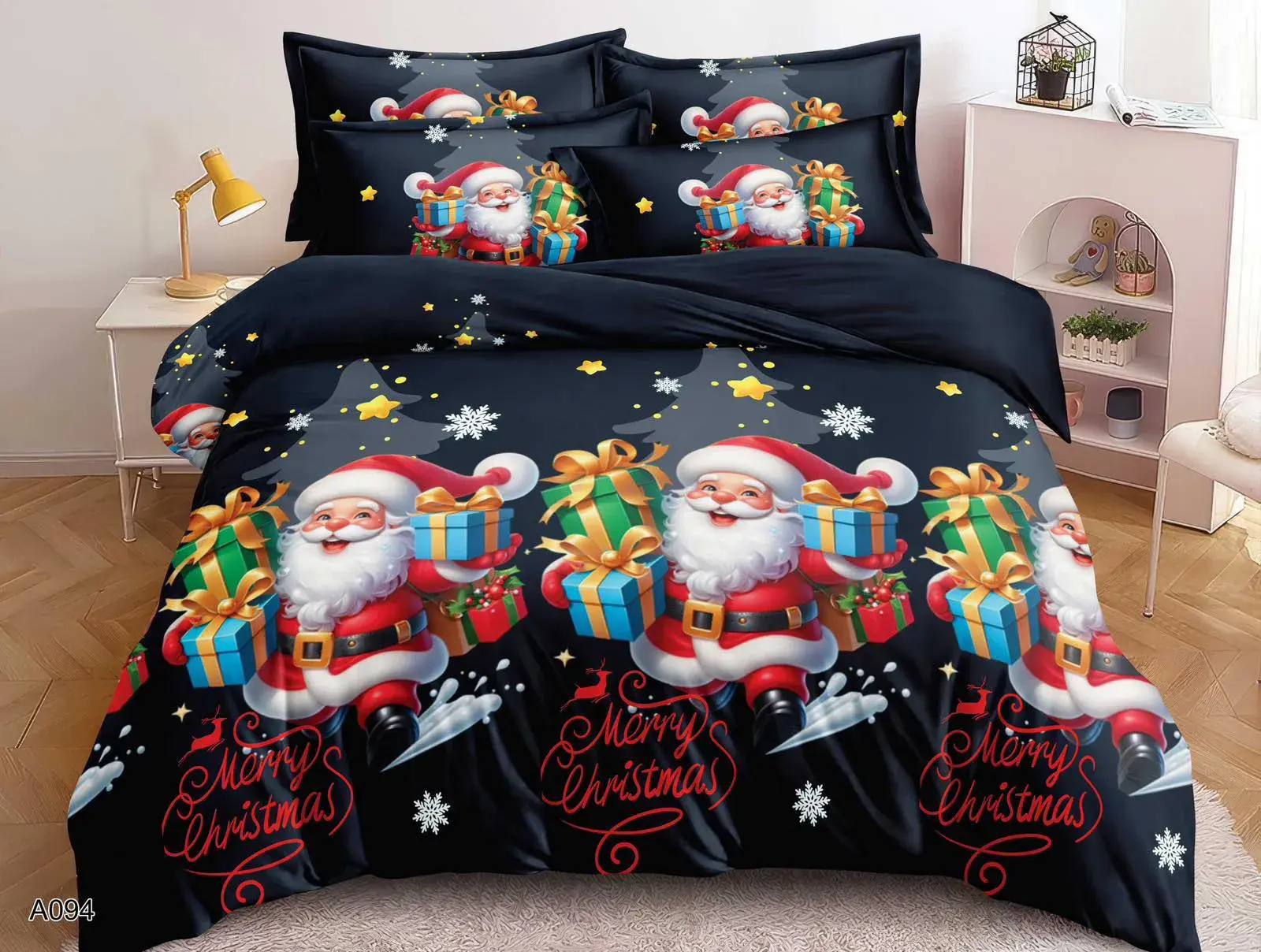 Komplet Pościeli 3cz Santa Claus 160/200, czarna z czerwonymi i złotymi akcentami