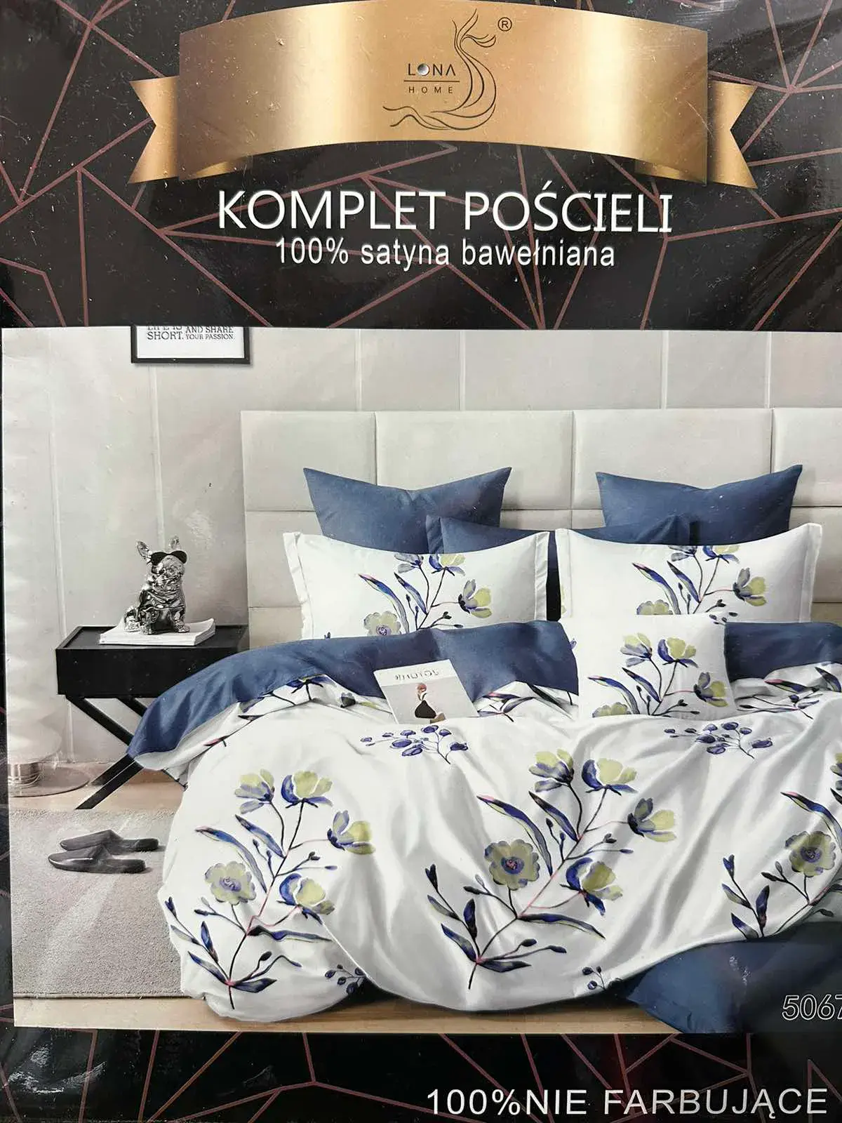 Komplet Pościeli 4CZ 200/220 100% Satyna Bawełniana, kolor biały z granatowym wzorem kwiatowym