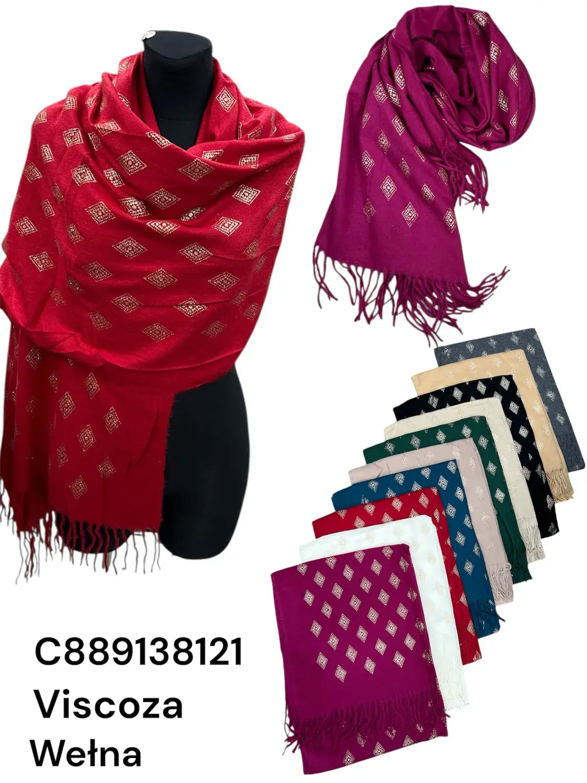 Szaliki damskie viscose wzór rombów 12 szt/opak.