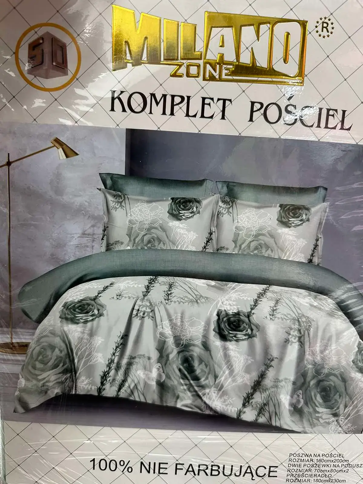 Komplet pościeli Milano 4cz 160/200, kolor szary z białymi różami