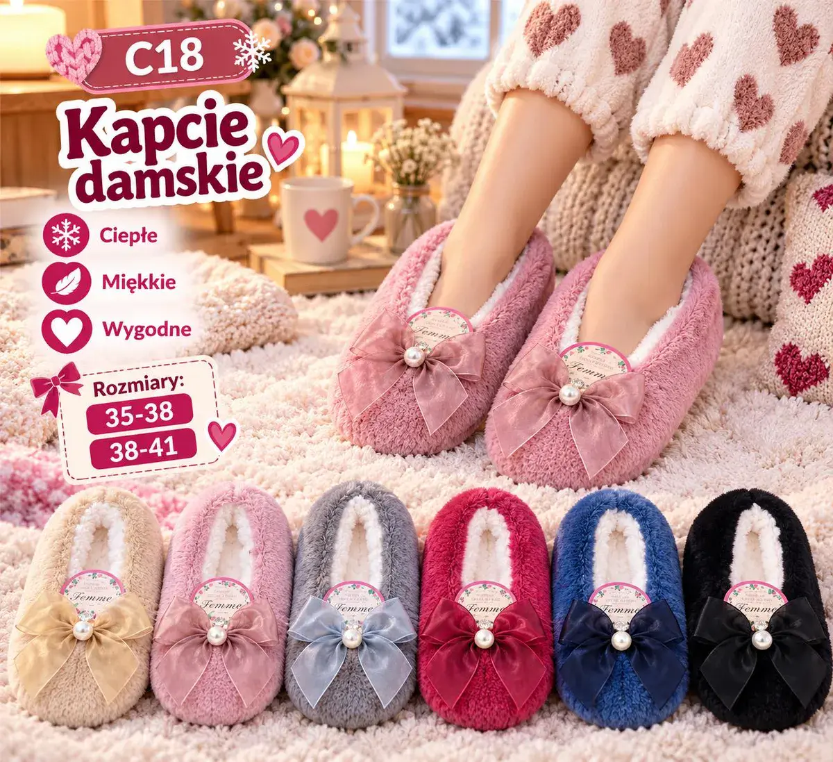 Kapcie damskie miękkie ciepłe z kokardą i perełką różne kolory