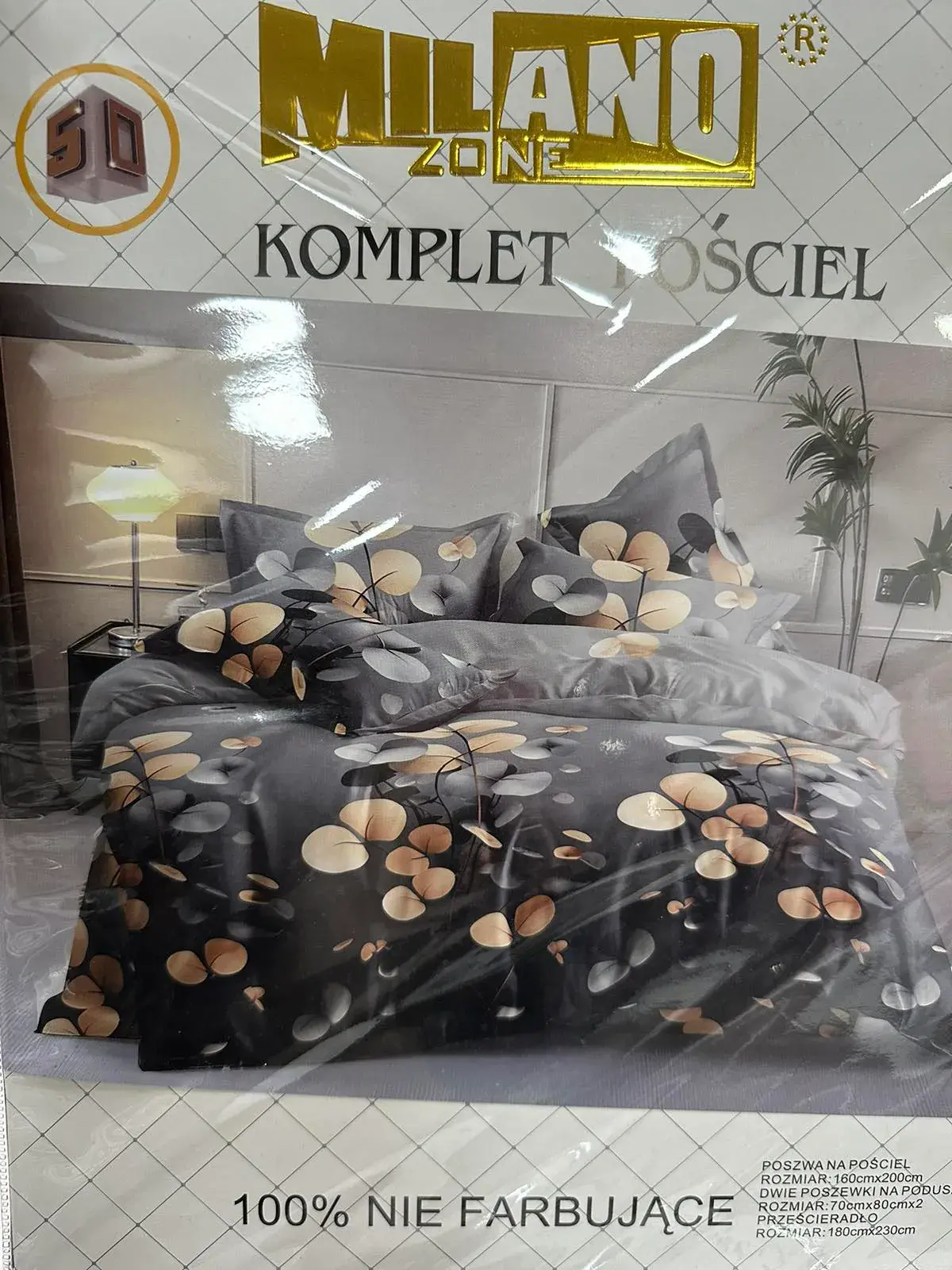 Komplet pościeli Milano 4cz 160/200, kolor grafitowy z beżowo-złotymi plamami – wzór 2