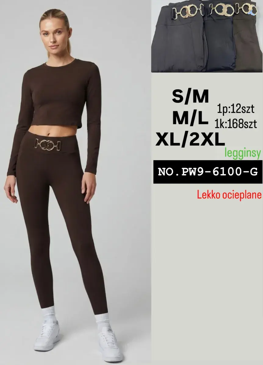 Legginsy damskie lekko ocieplane z ozdobnym paskiem brązowe