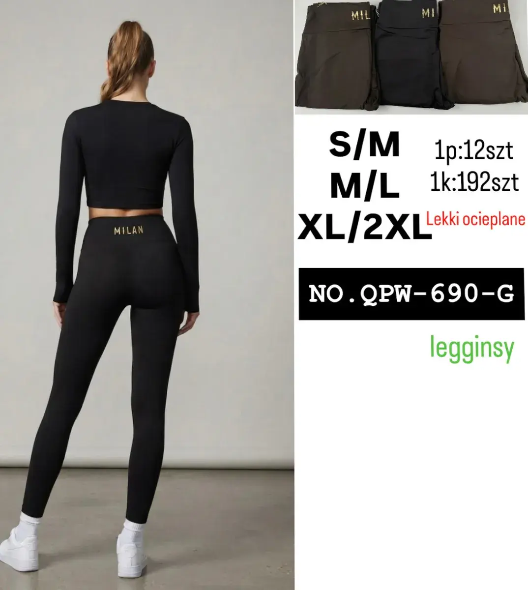 Legginsy damskie ocieplane czarne z wysokim stanem Milan