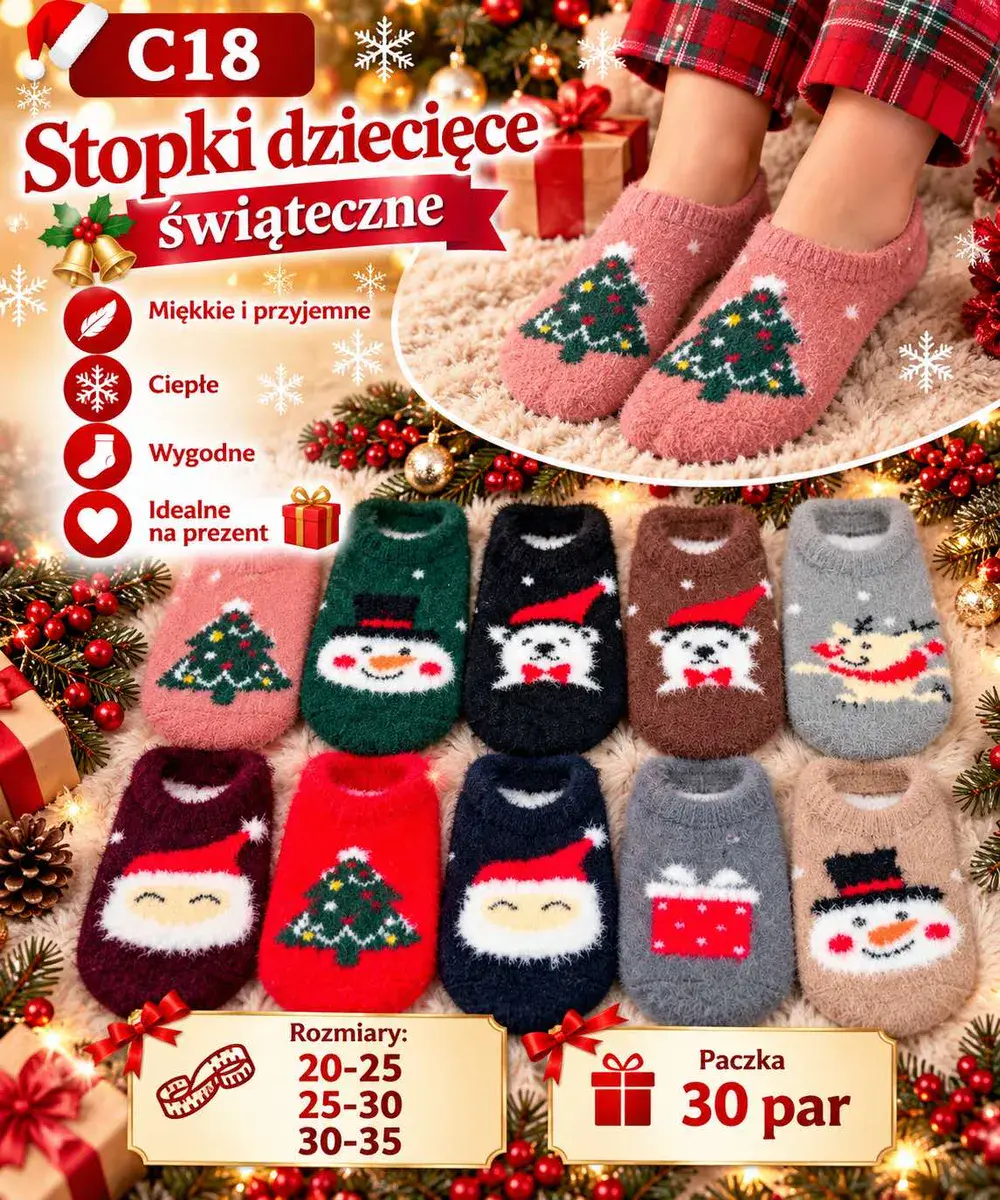 Stopki dziecięce świąteczne miękkie i ciepłe mix wzorów