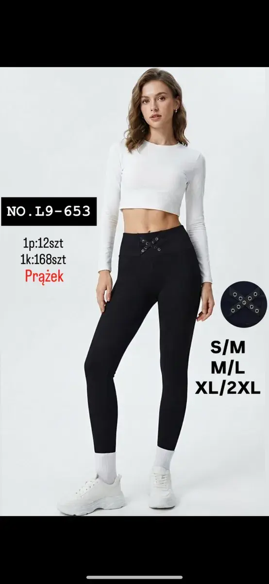 Legginsy damskie czarne prążkowane z ozdobnym wiązaniem S-2XL