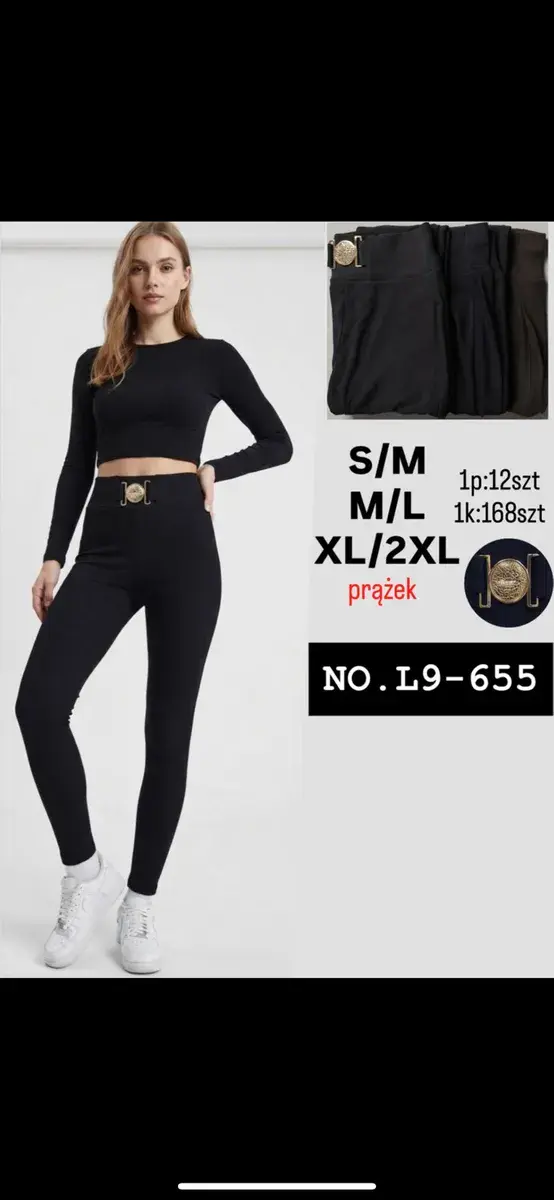 Legginsy damskie czarne prążkowane z ozdobną klamrą