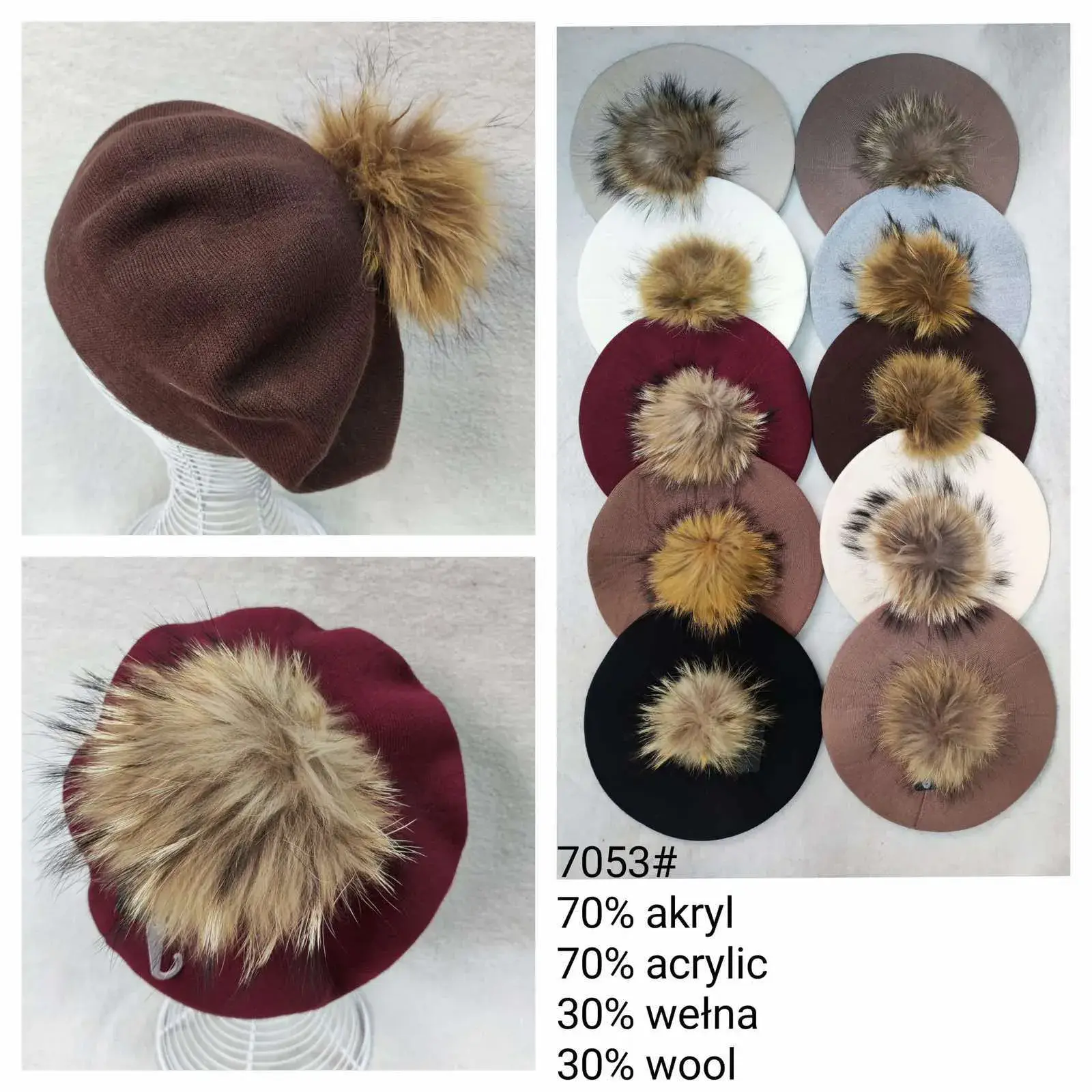 Czapki damskie beanie z pomponem 70% akryl 30% wełna