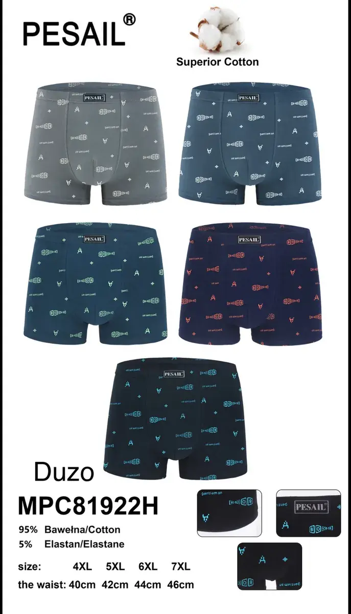 Bokserki męskie Pesail z nadrukiem, bawełna z elastanem, 4XL-7XL