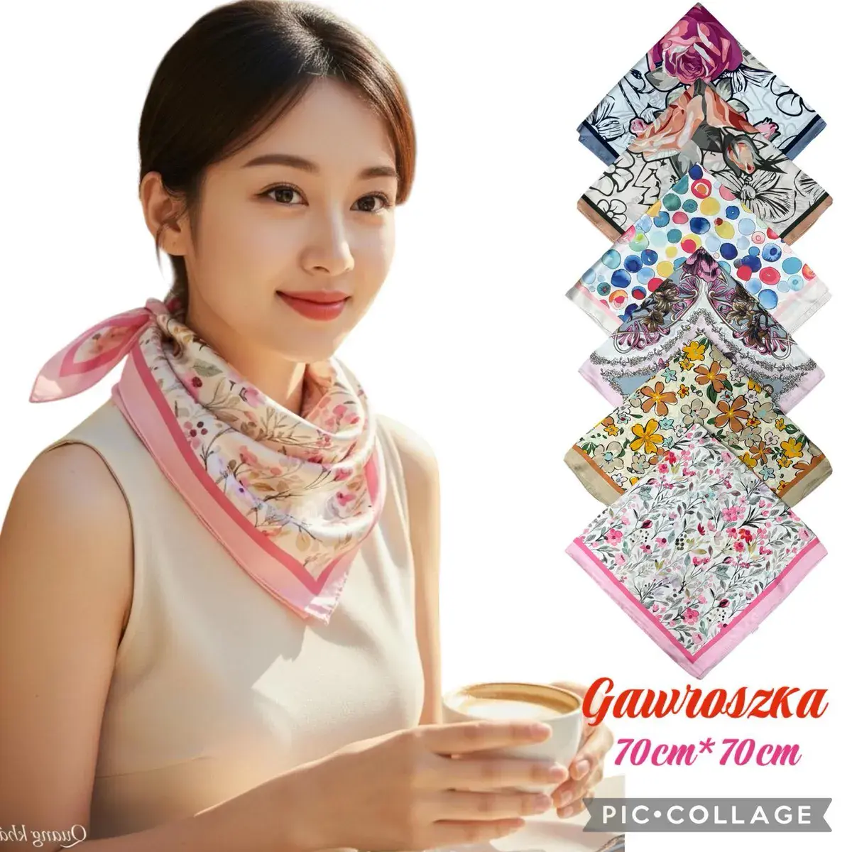Elegancka Gawroszka Damska Satynowa 70x70cm Wzory Kwiatowe, w wielu kolorach – wzór 2