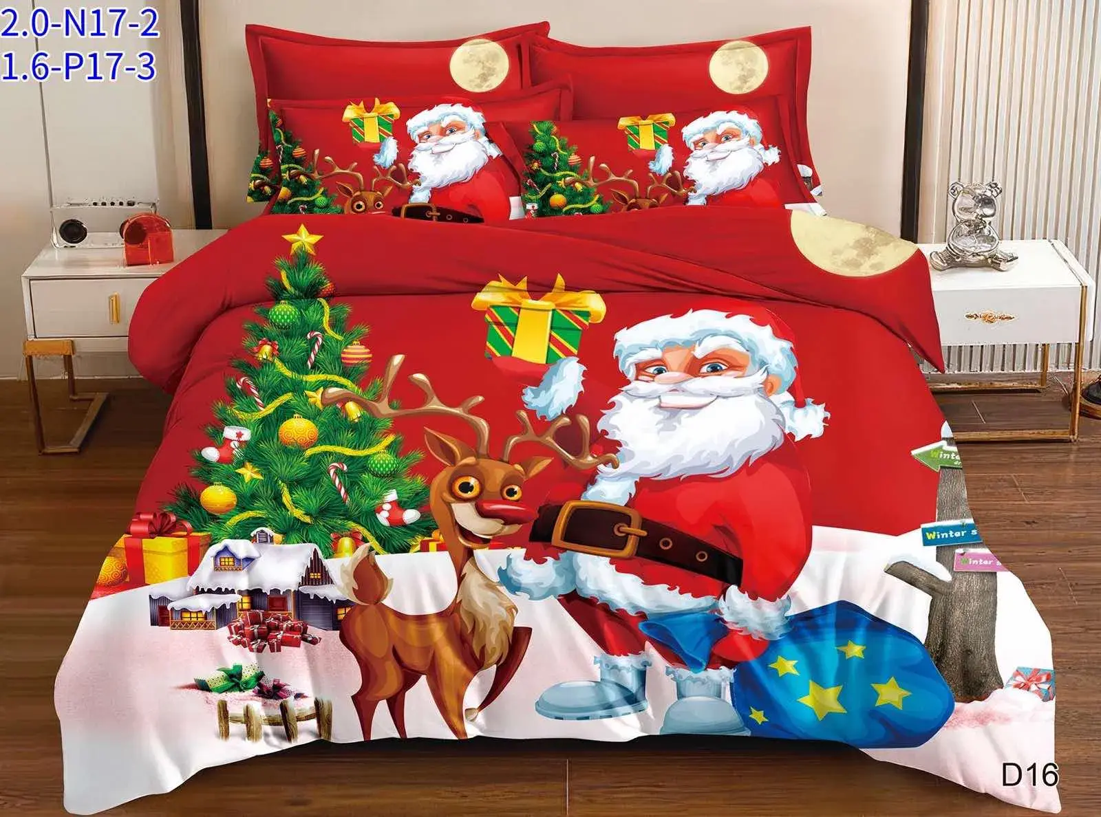 Komplet Pościeli Świąteczny 160/200 4el Satyna Bawełna, kolor czerwony z białymi i złotymi akcentami