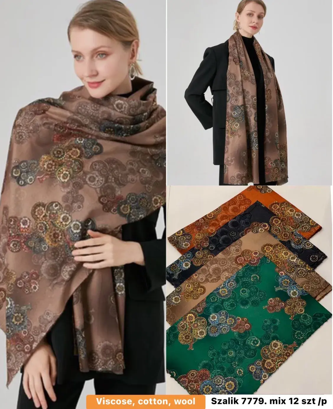 Szaliki damskie viscose, cotton, wool mix 12 szt, w wielu kolorach